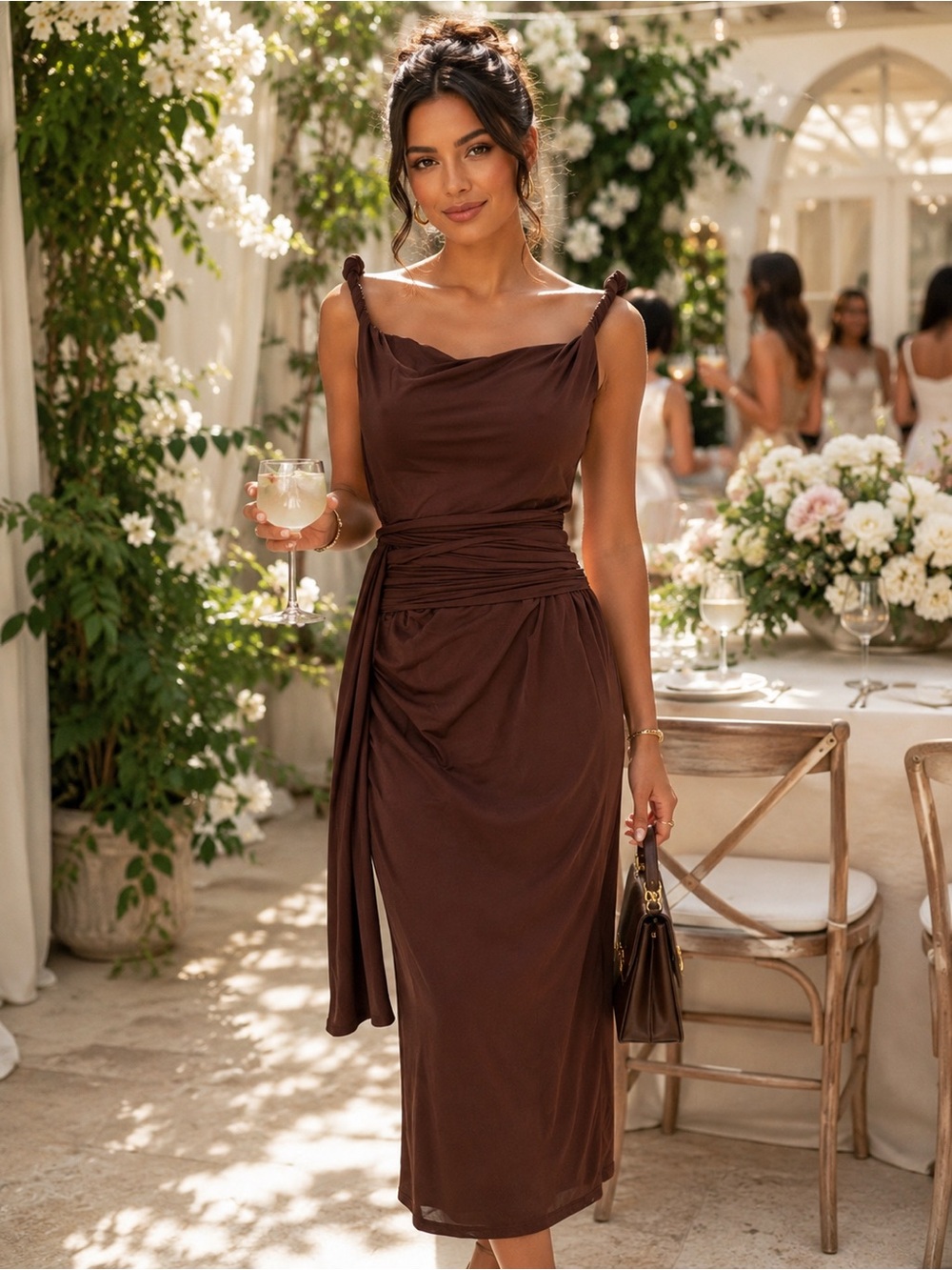 Elegant Brown Knot-Shoulder Mesh Midi Dress M